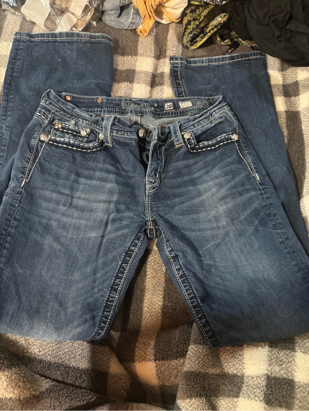 Miss Me Blue Wash Boot Cut Jeans with Embellished Pockets
